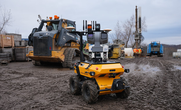 Clearpath’s Husky Observer robot, including WiBotic receiver coil shown mounted on the front.