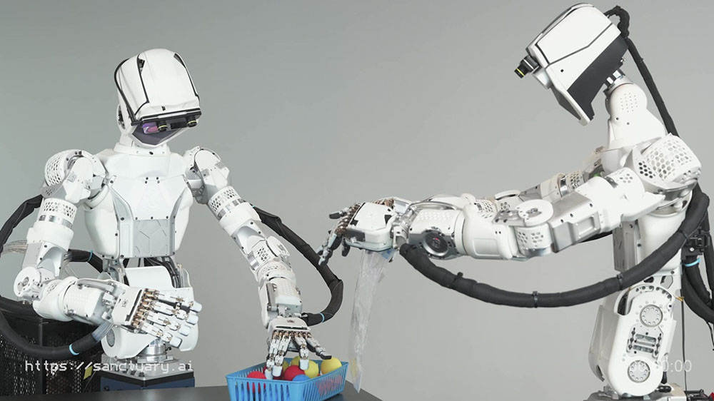 Two Sanctuary AI robotic torsos demonstrate training process.